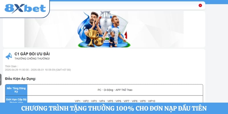 Chương trình tặng thưởng 100% cho đơn nạp đầu tiên